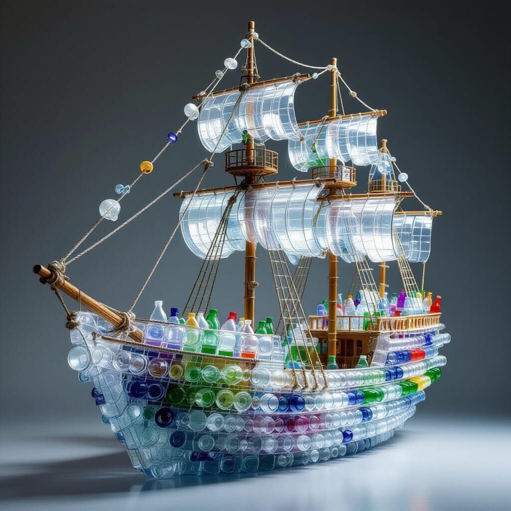 Majestic Ship Sculpture Made from Plastic Bottles