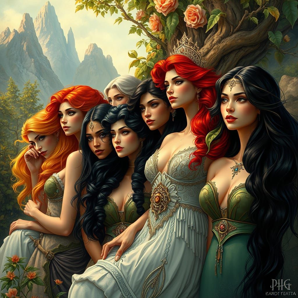 Diverse Fantasy Women Gather in Enchanted Realms