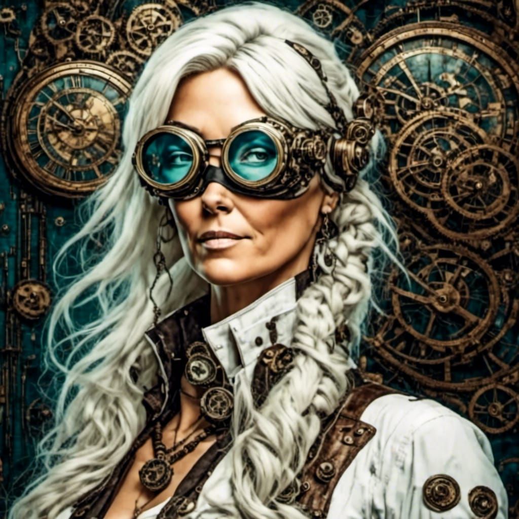 Beautiful Steampunk Woman with Goggles and White Hair