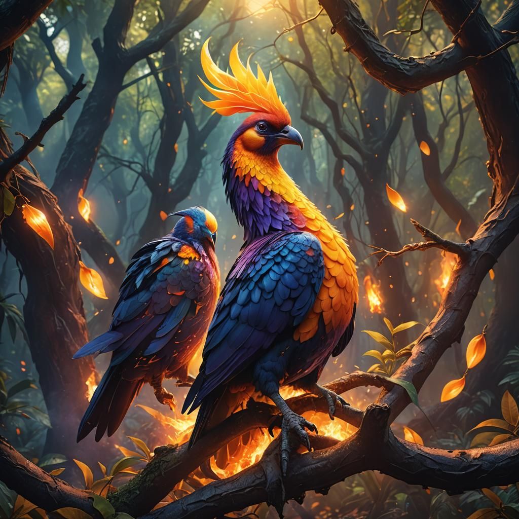 Flaming Mango Bird in Mystical Forest, Digital Art