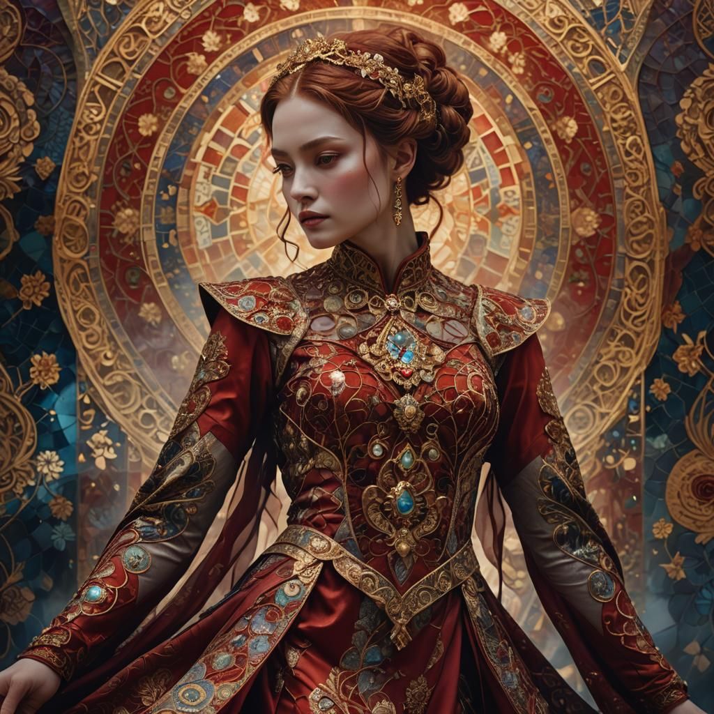 Mosaic Red Woman in Silk, Fantasy Concept Art
