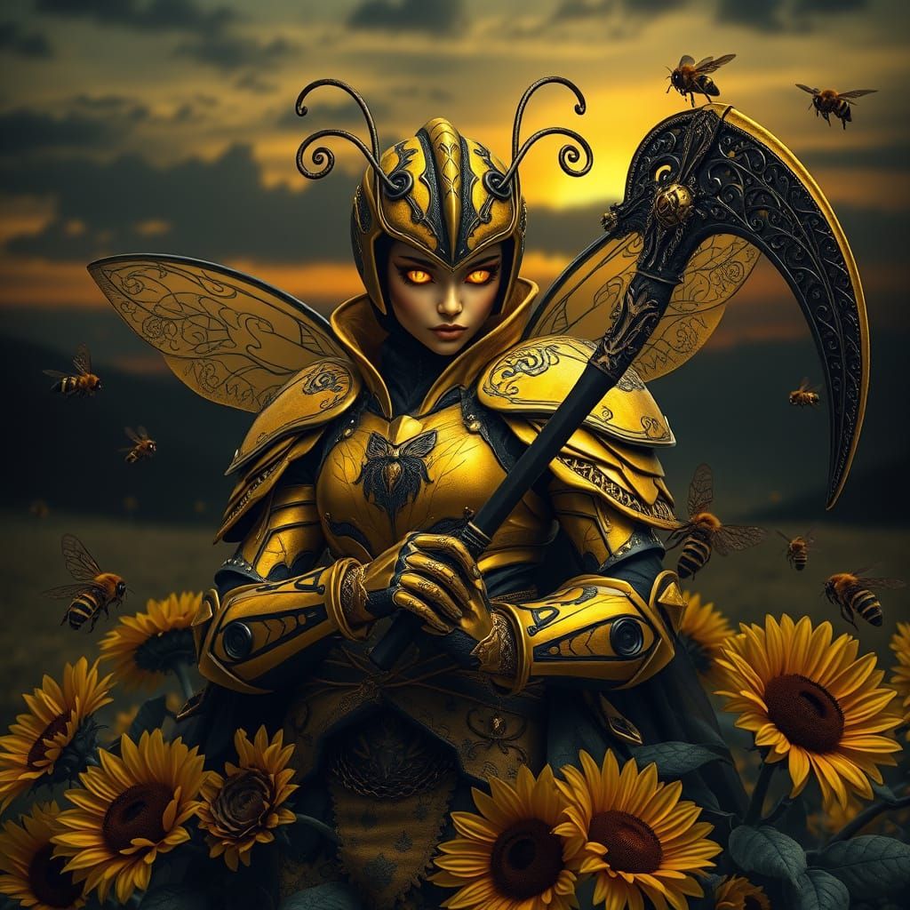 Majestic Bumblebee Queen in Dark Fantasy Armor