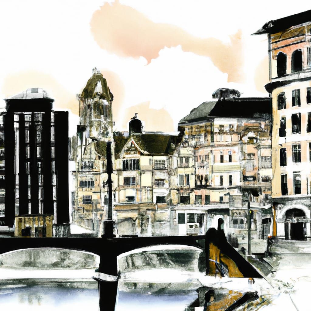 Manchester 1900: Sumi-e Ink Painting with Flooded River