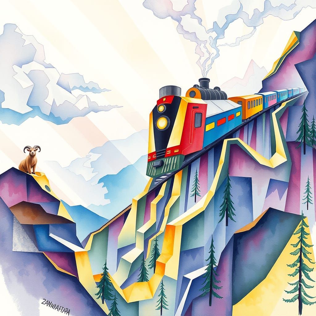 Cubist Mountain Train Ascends Steep Watercolor Landscape