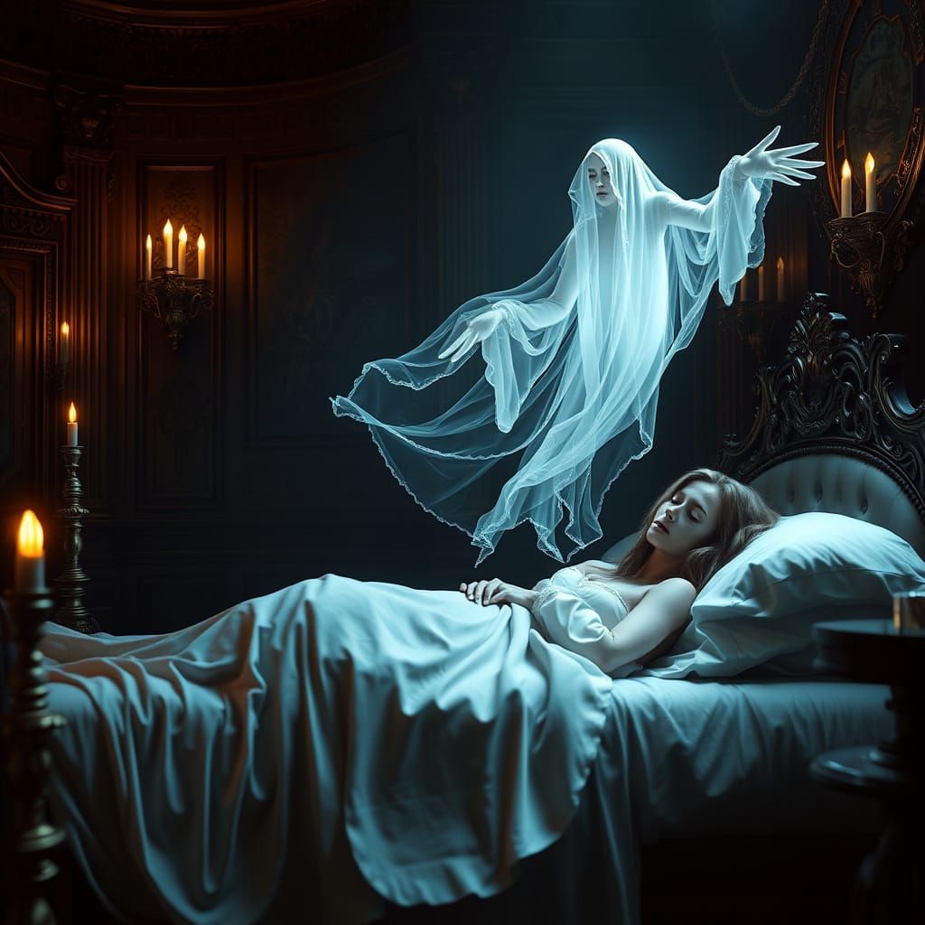 Ethereal Woman Watched by Ghostly Figure in Baroque Chamber