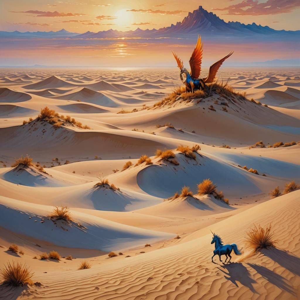 Phoenix and Unicorn Mirage in Golden Desert Landscape