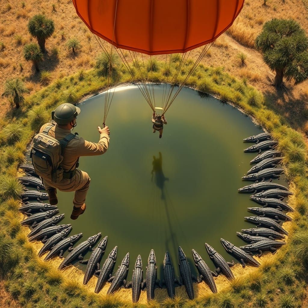 Paratrooper's Perilous Descent into Crocodile Lake