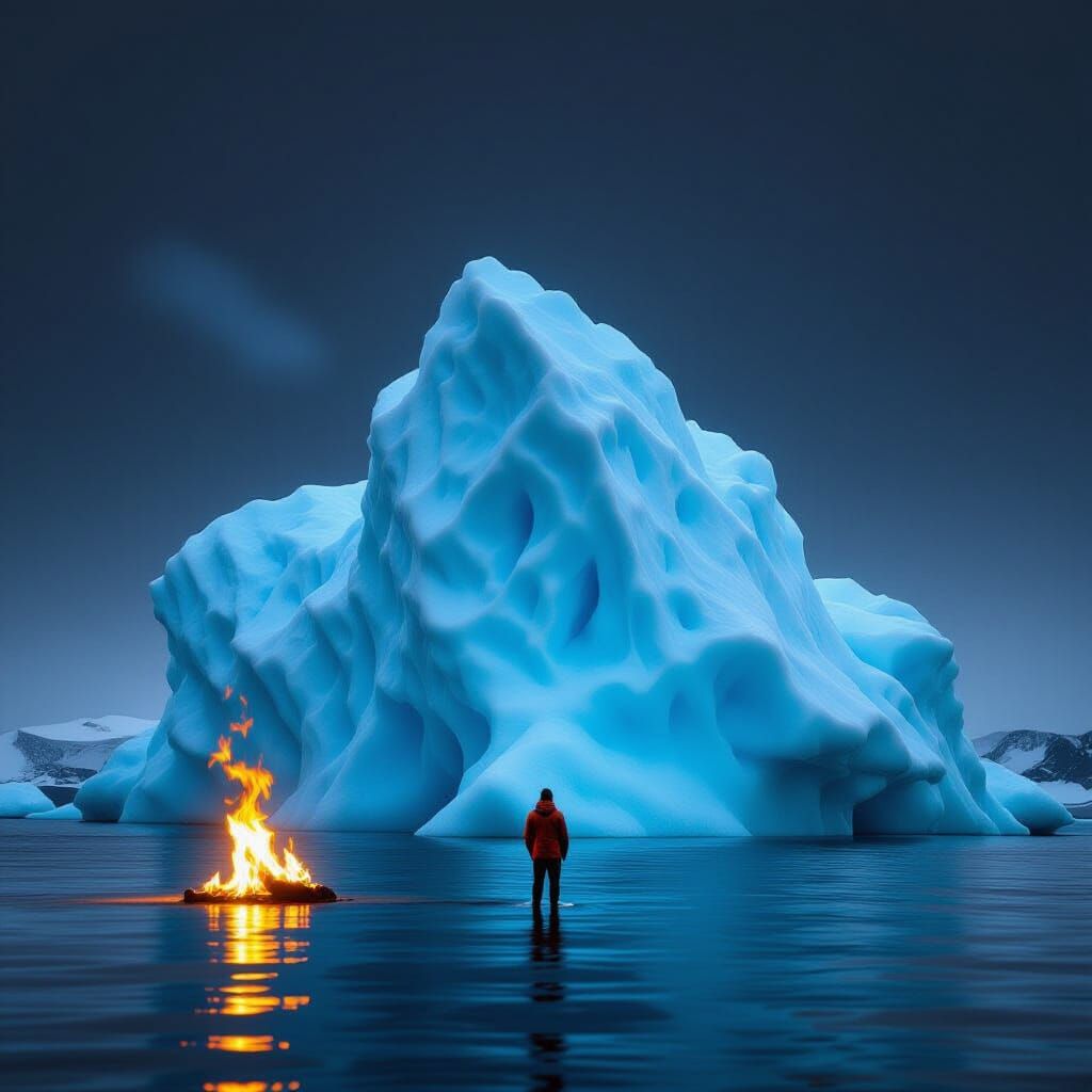 Blue Iceberg Facing Orange Flame on Dark Background