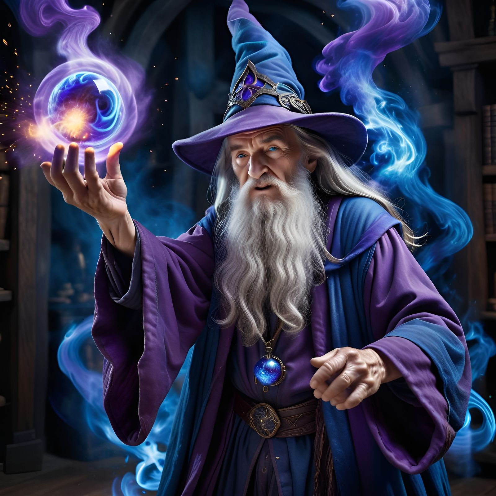Aged Wizard Casting a Spell with Blue Flame