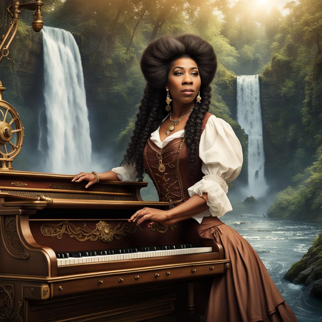 Young Aretha Franklin with long wavy hair  playing piano wearing noble clothing, on a pirate ship near beautiful waterfa...