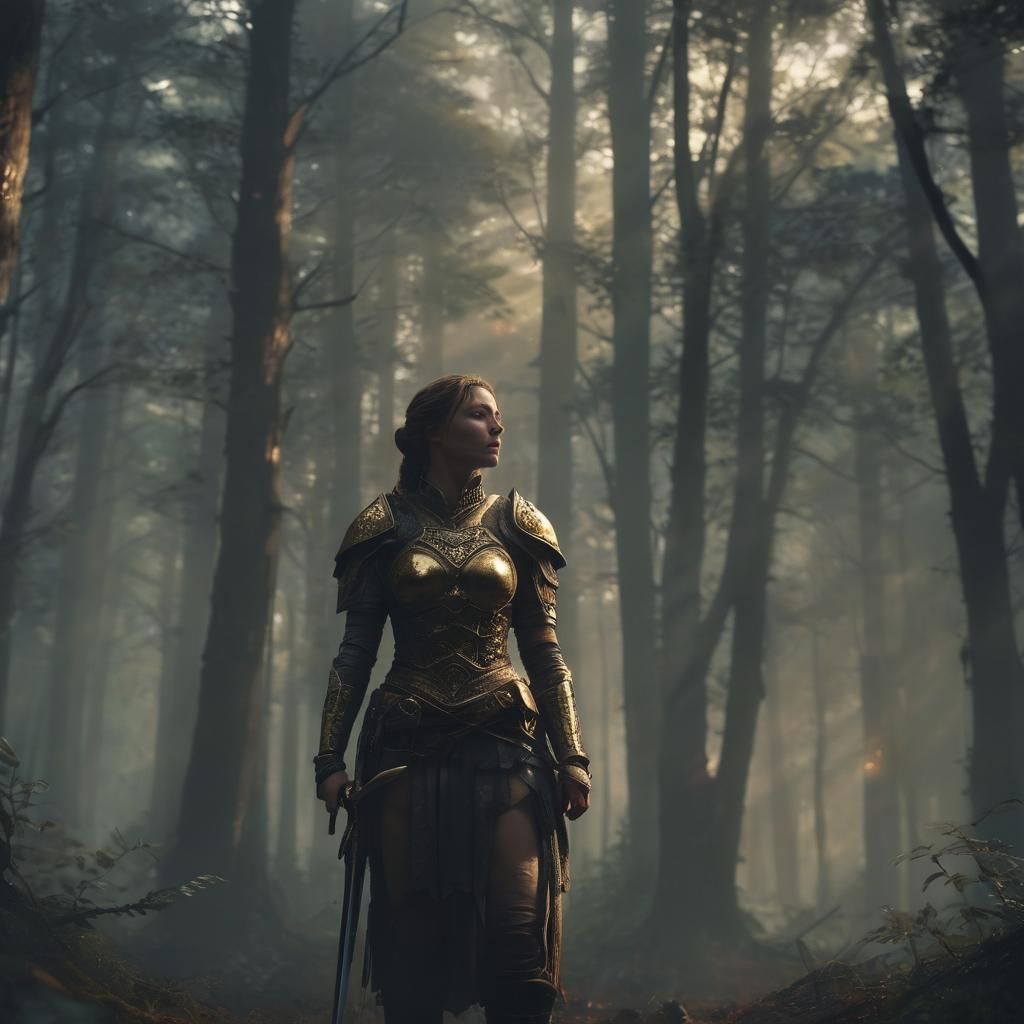 Warrior in Misty Forest: Cinematic Digital Art