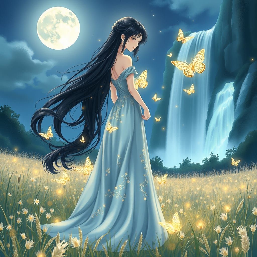 Anime Princess Under Moonlit Meadow