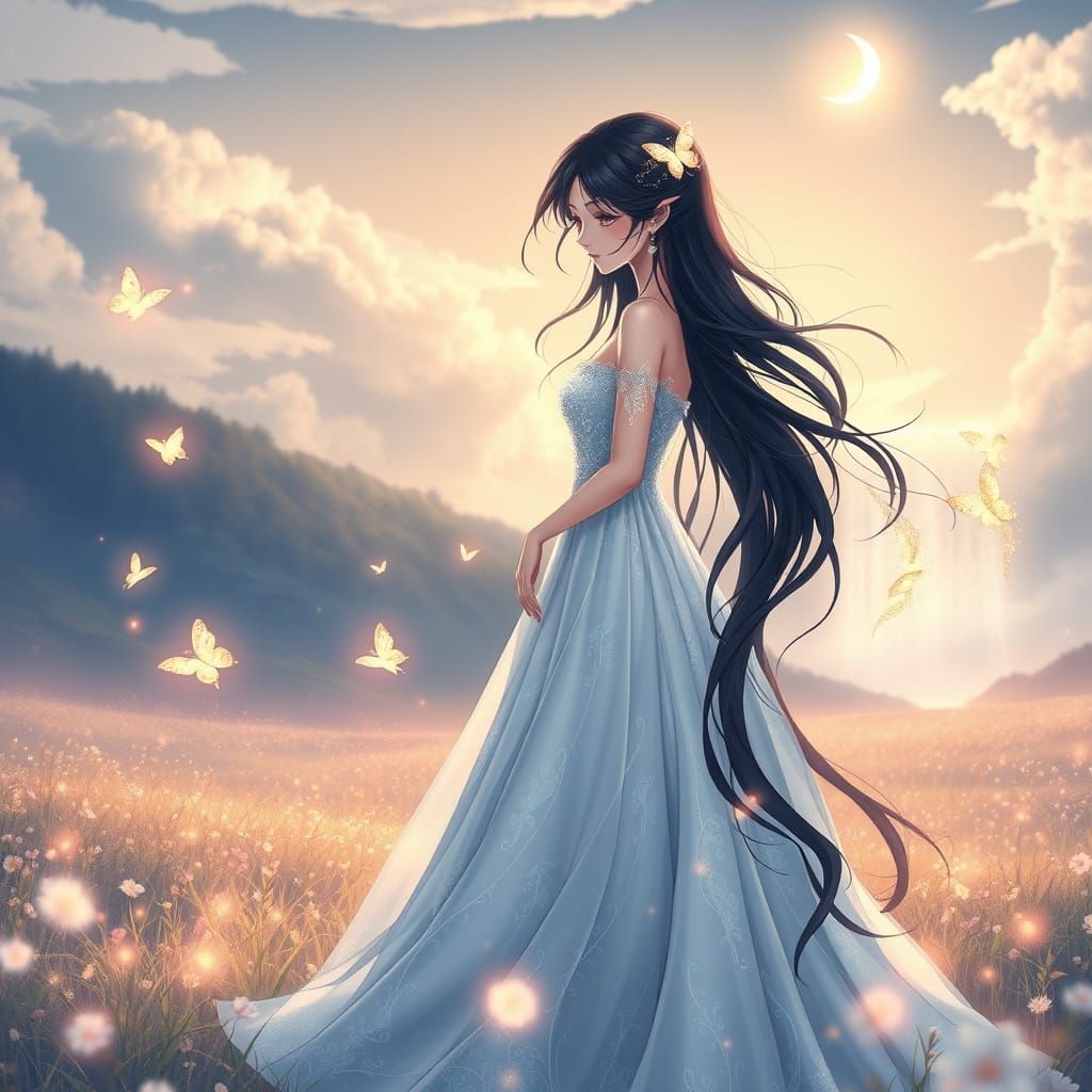 Anime Princess in Enchanted Meadow Under Crescent Moonlight