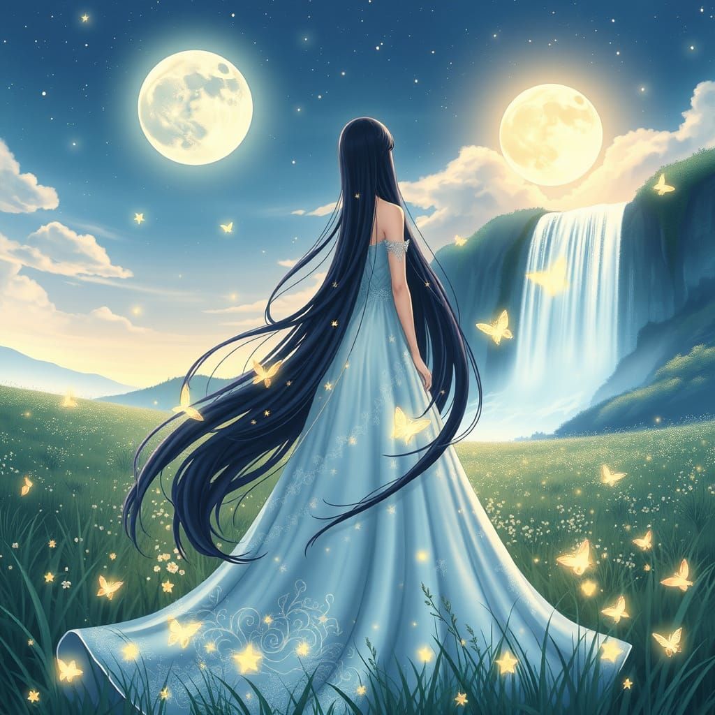 Anime Princess in Enchanted Meadow Under Starry Night Sky