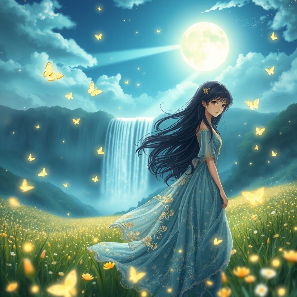 Anime Princess in Enchanted Meadow under Starry Night Sky