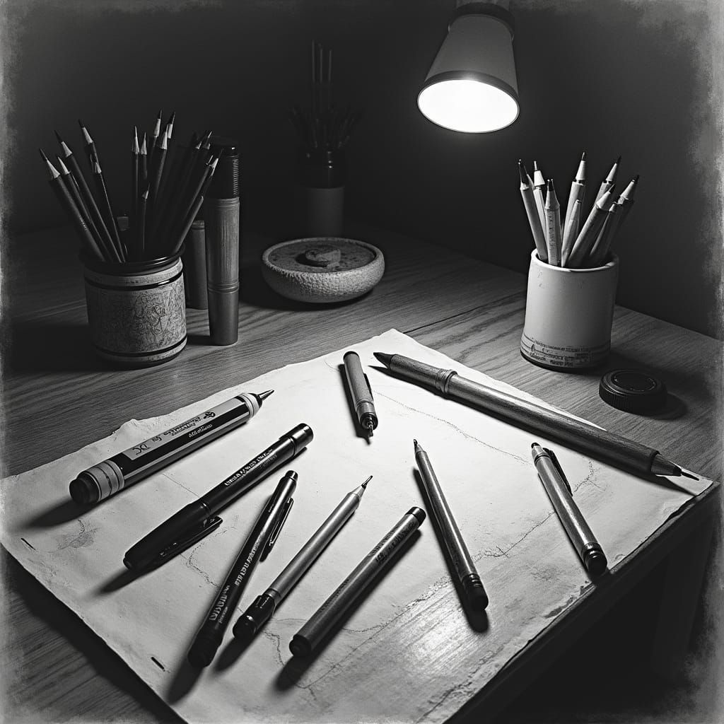 Detailed Charcoal Drawing of Design Tools in Chiaroscuro Sty...