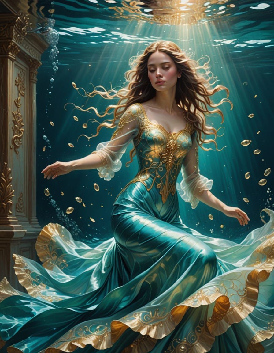 Underwater Goddess in Flowing Turquoise Gown
