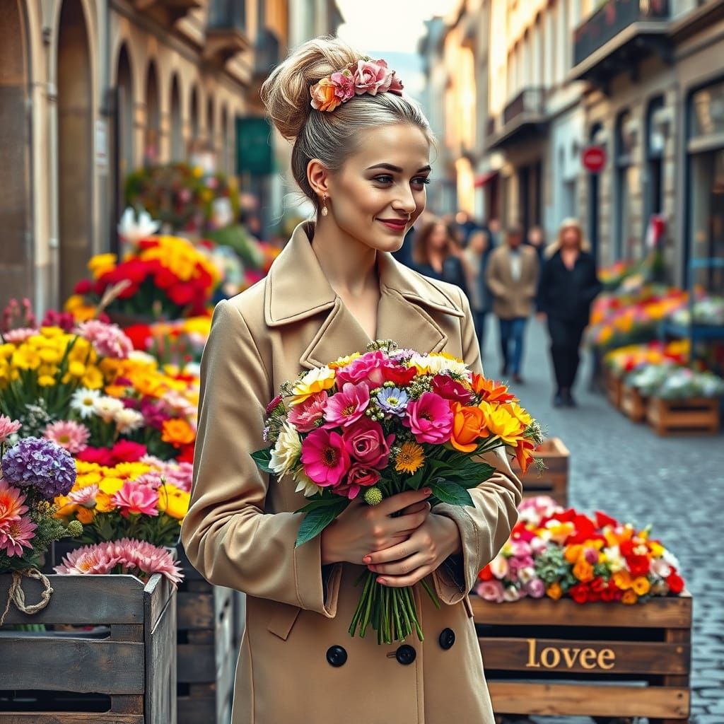 A Young Woman Enchanted by Spring Flowers in a Vibrant Marke...
