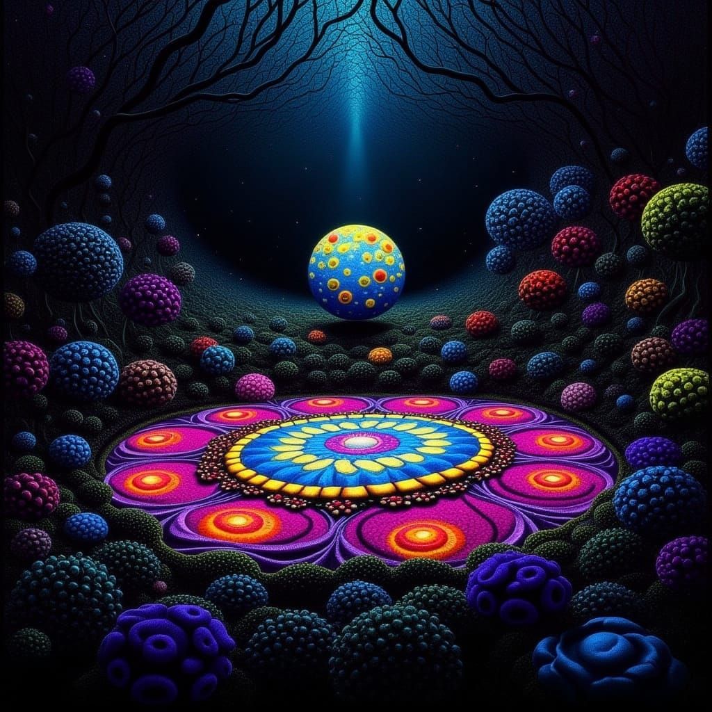 Ethereal Night Garden Rangoli in Hyperrealistic Detail