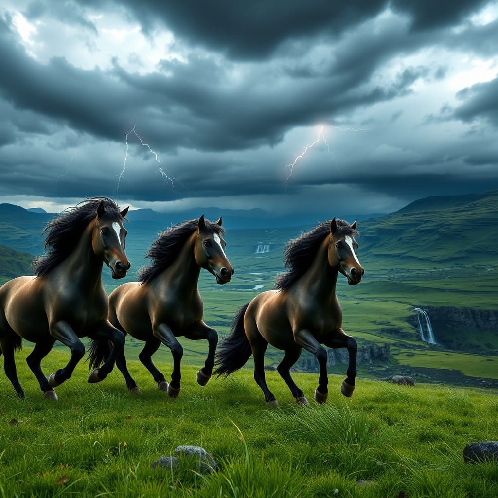 Majestic Icelandic Horses in a Turbulent Stormy Landscape