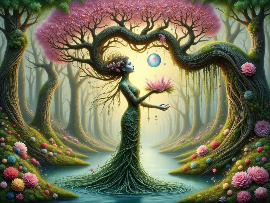 Ethereal Tree Goddess Emerges from Whimsical Portal