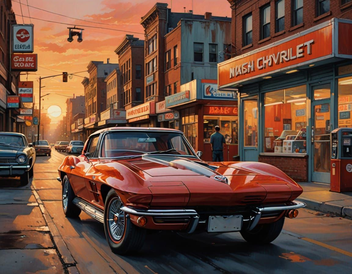 Classic Corvette Sunset Drive Oil Painting