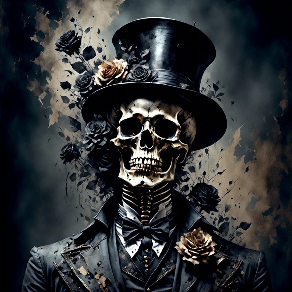 Smiling Skeleton Man in Top Hat with Roses