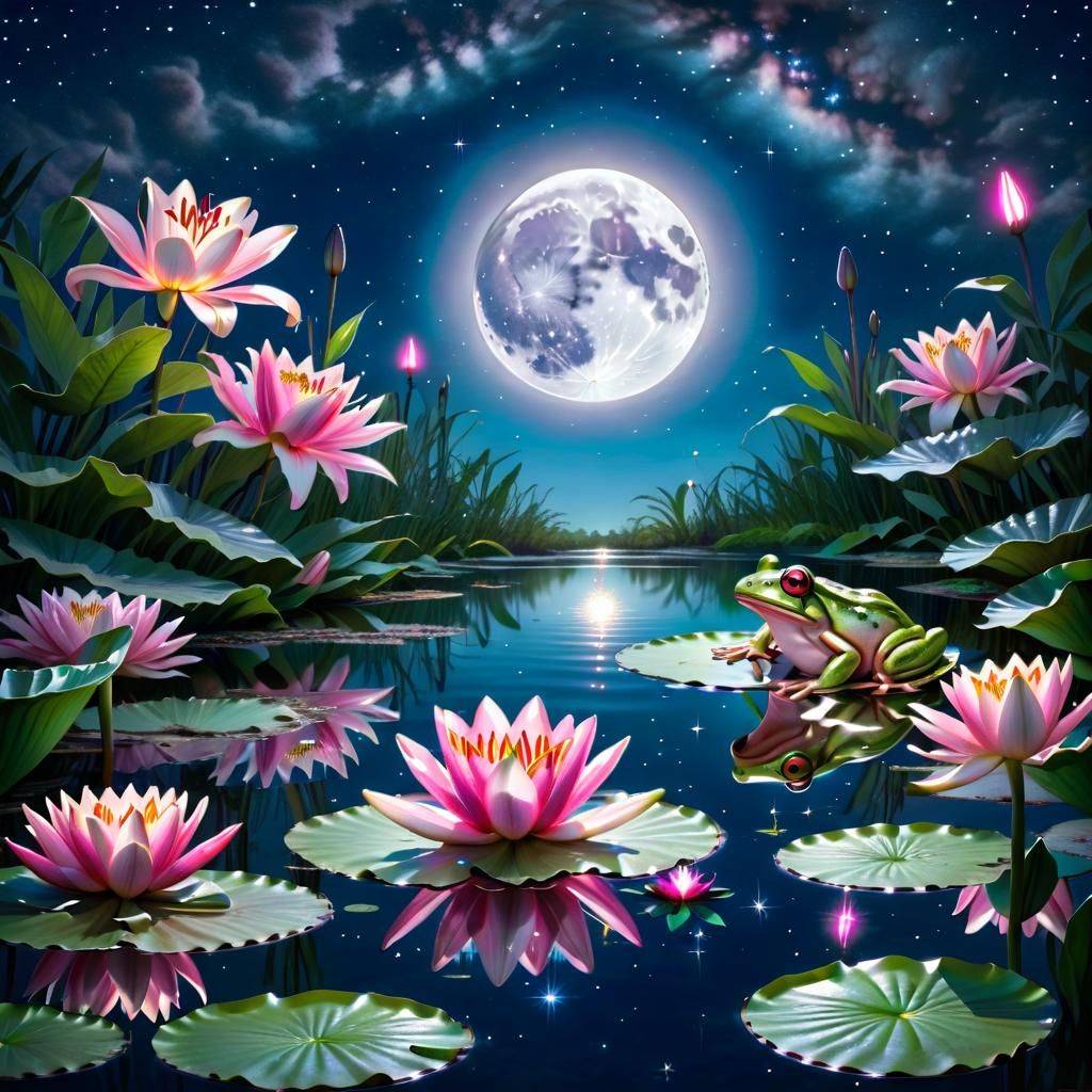 Metallic Frog in Magical Lily Pond at Night