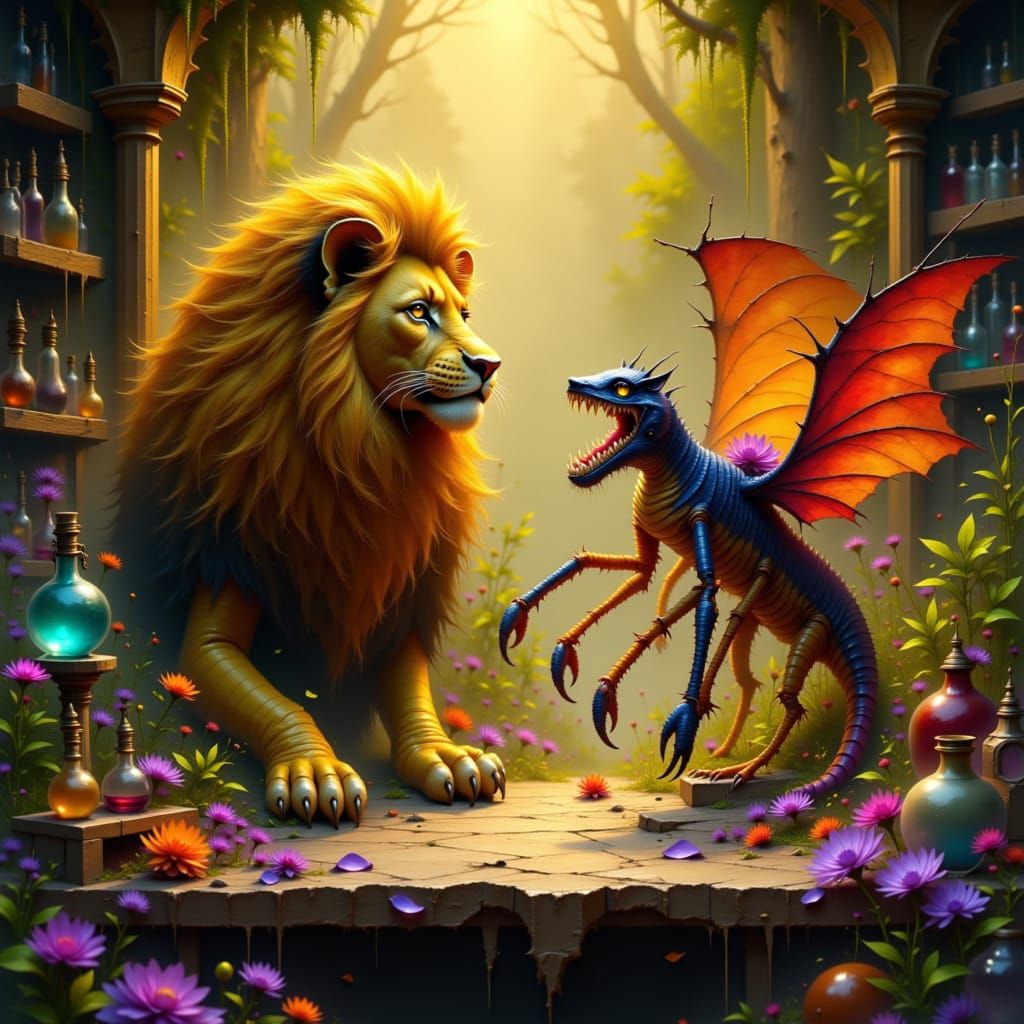 Lion and Scorpion Duo in Apothecary, Digital Art