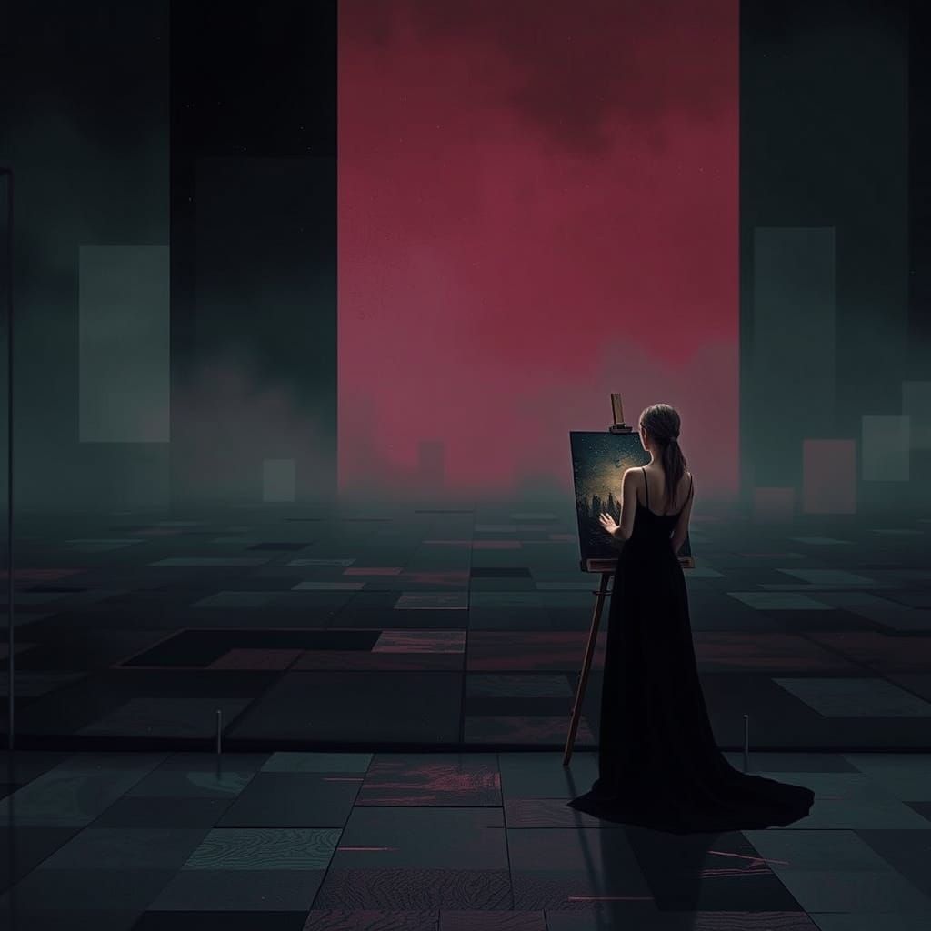 Woman Painting at Universe's End: Abstract Dystopian Art