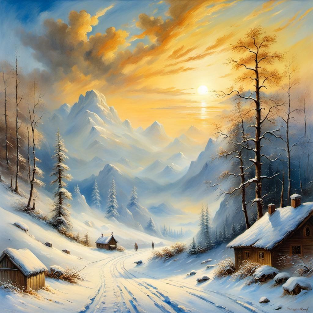 Winter Landscape Illustration in Oil, Watercolor, and Ink