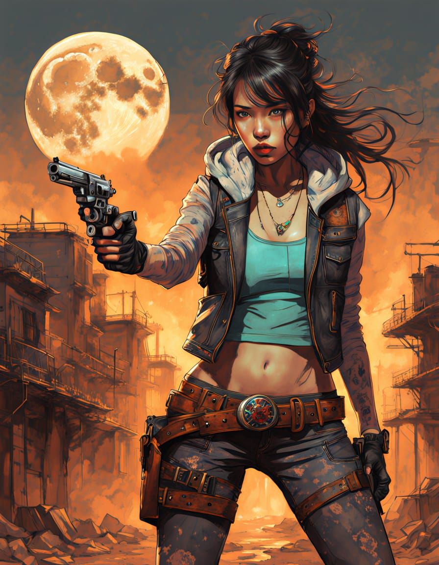 Neon Streaked Gunslinger Woman in Retro-Futuristic Style