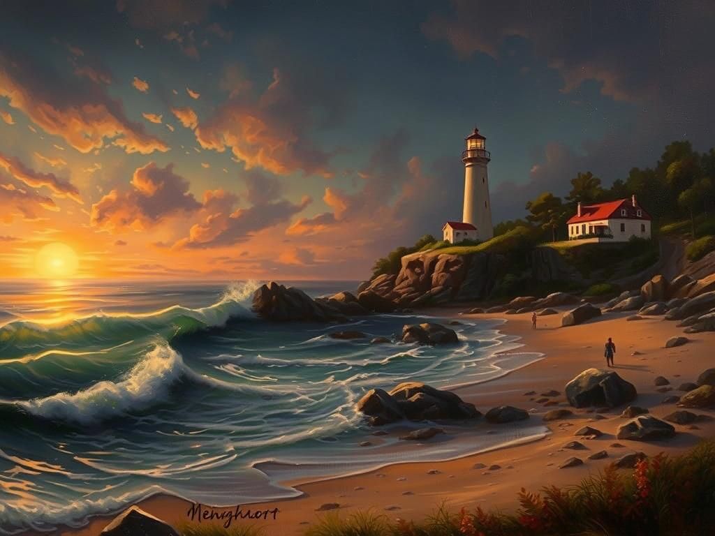 Lighthouse at Sunset: Coastal Scene in Impressionist Style