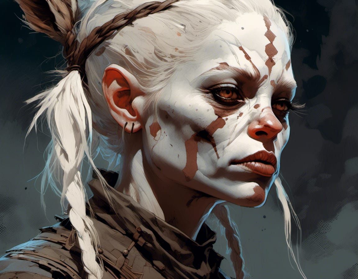 <lora:Shaman Ink:1.0> 8k, close up of gangly female githyanki