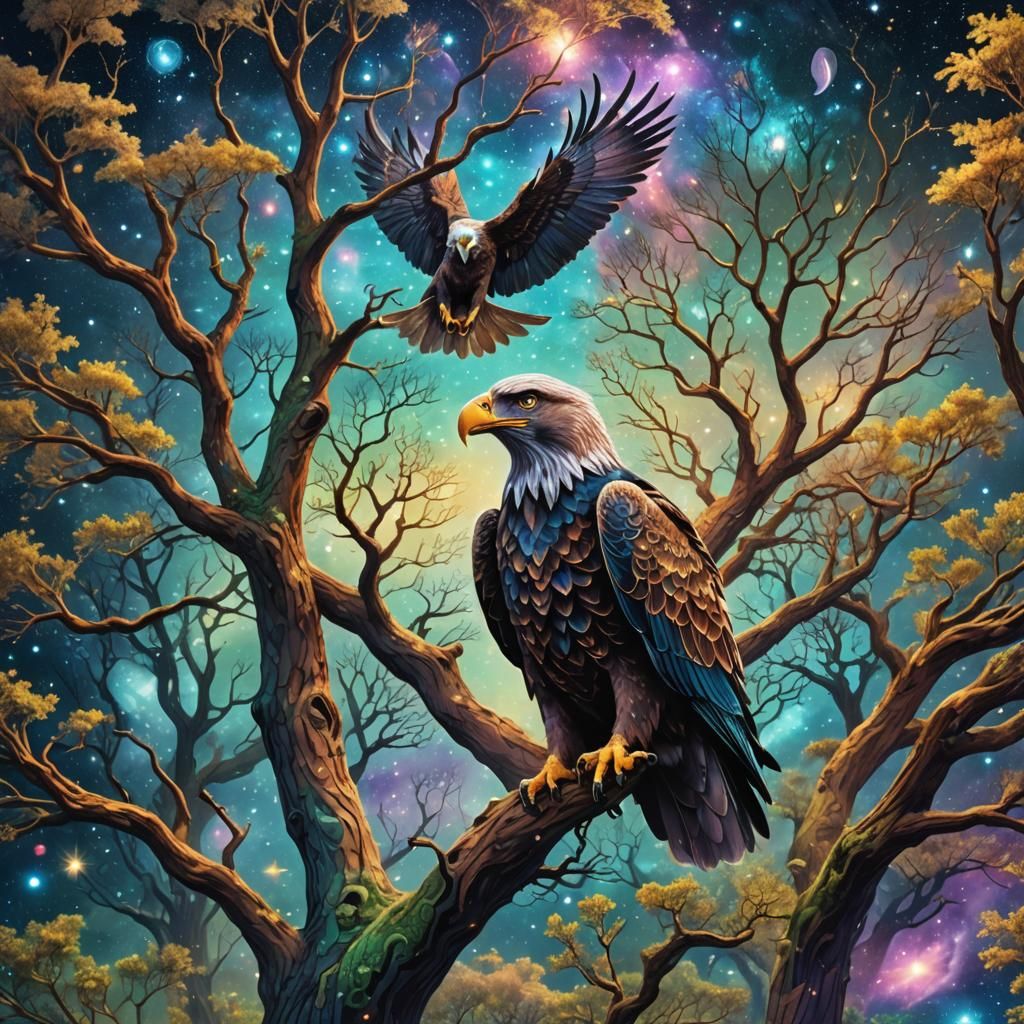 Eagle Learning to Fly: Holographic Astral Illustration