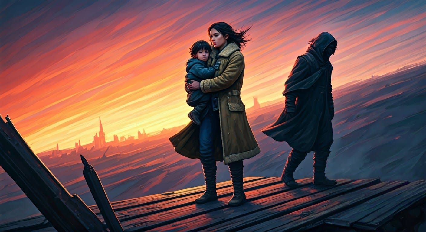 Woman and Child on Platform in Hyperrealistic Style