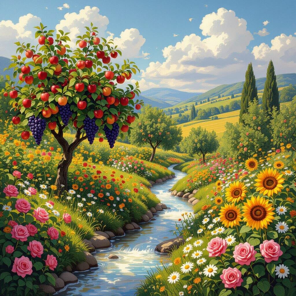 Lush Garden with Fruit Trees in Impressionist Style