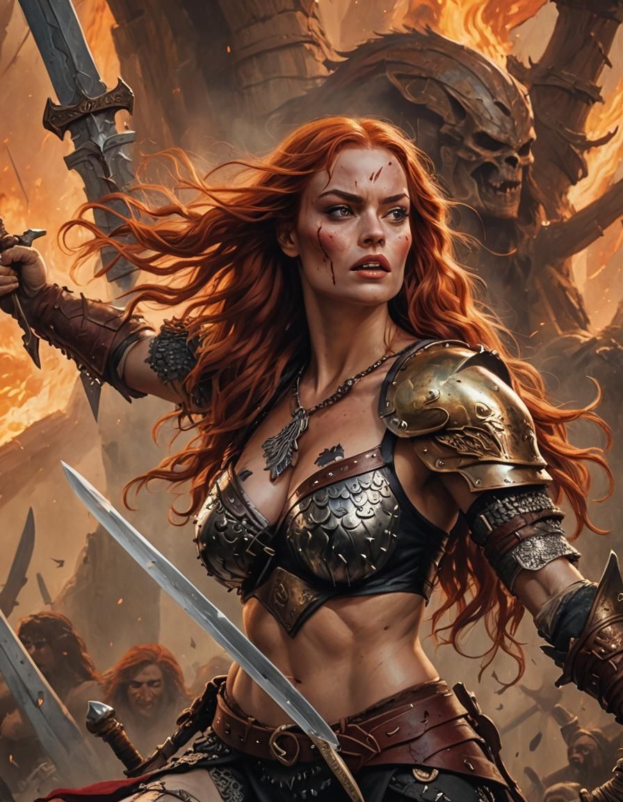 Vibrant Lowbrow Painting of Red Sonja in Cinematic Splendor