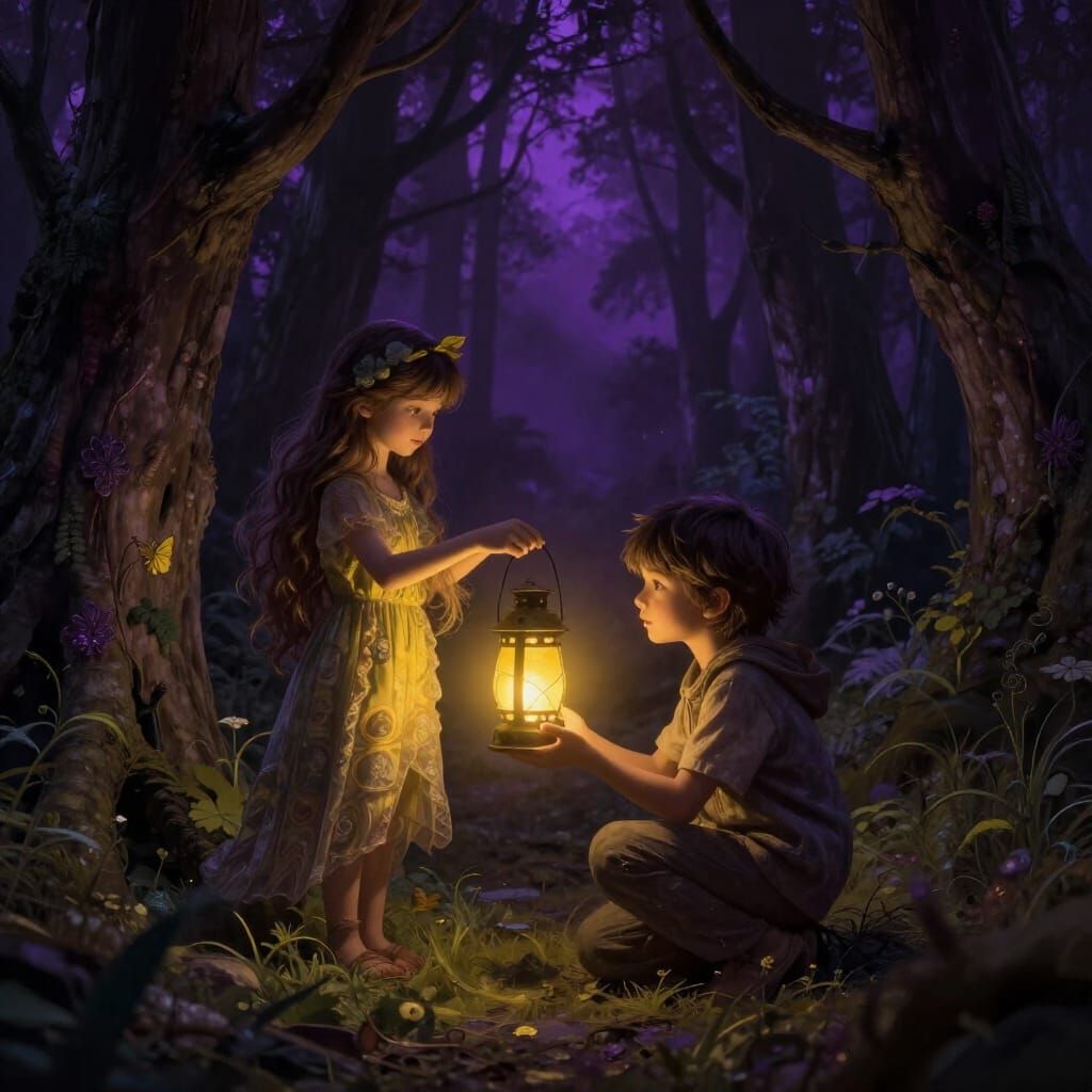 Child Offers Lantern to Shy Forest Spirit in Dark Woods