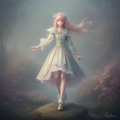 1girl, brown hair, braid, dress, full body, hair ribbon, long hair, platform footwear, ribbon, see-through, simple backg...