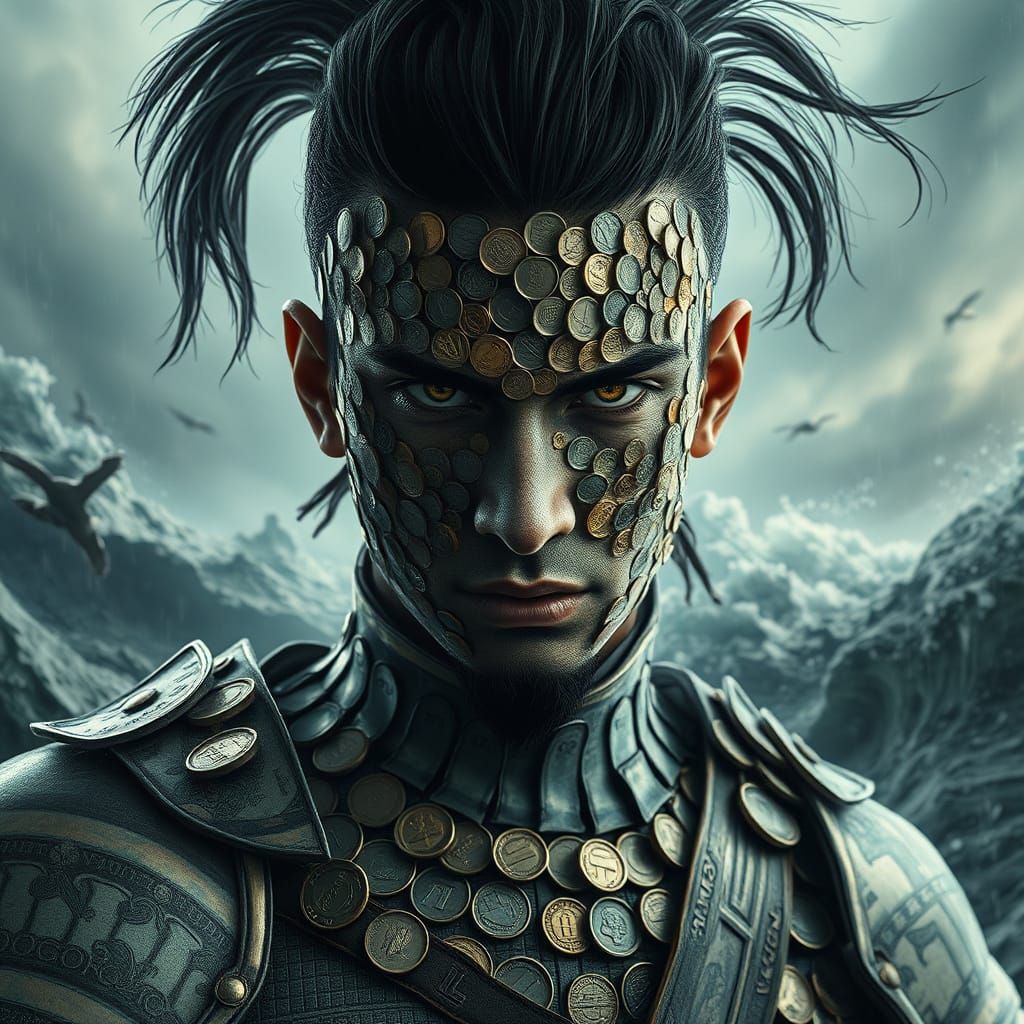 Stoic Warrior Portrait: Face of Coins, Armor of Banknotes