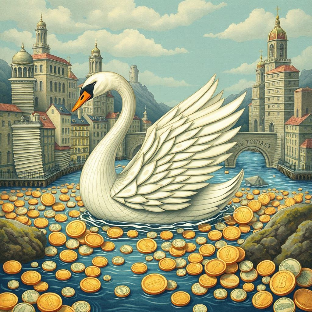 Swan of Paper Currency on River of Coins