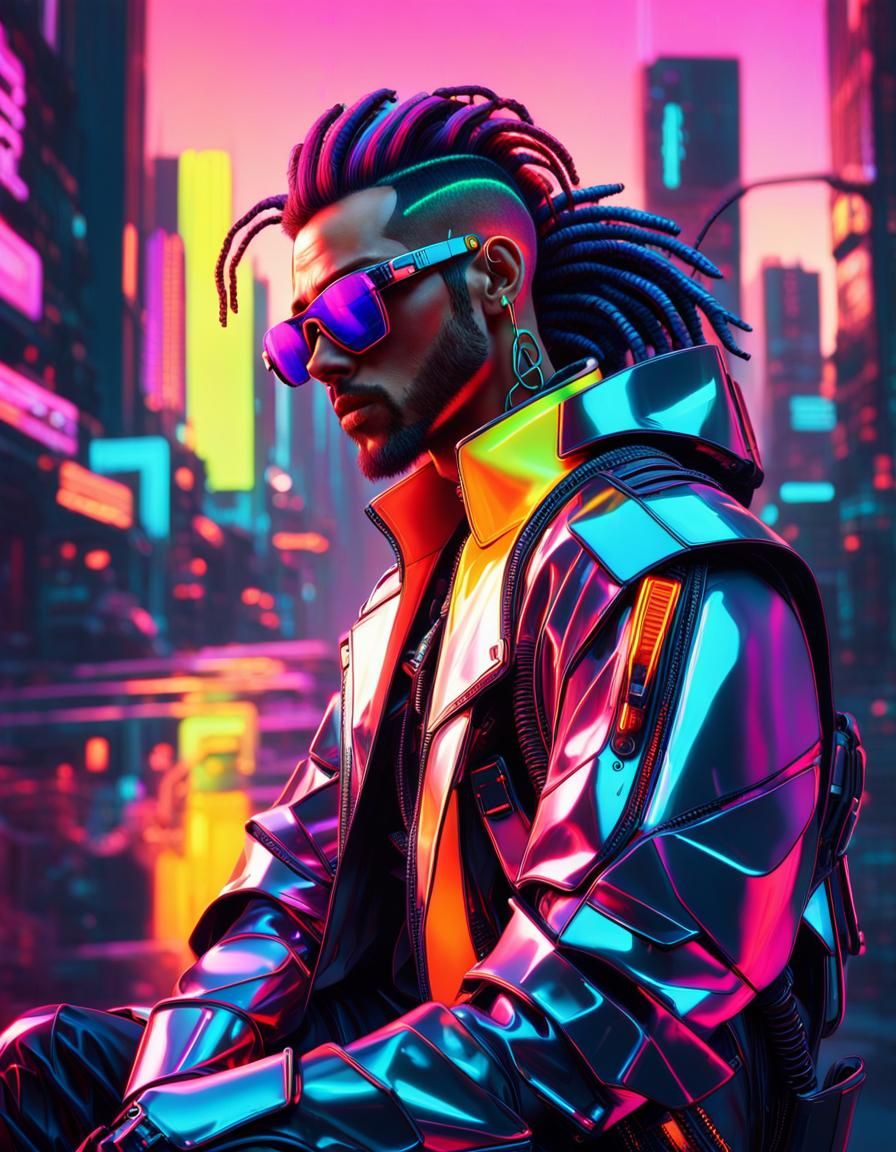 Neon Cyberpunk Portrait of Man with Futuristic Accessories