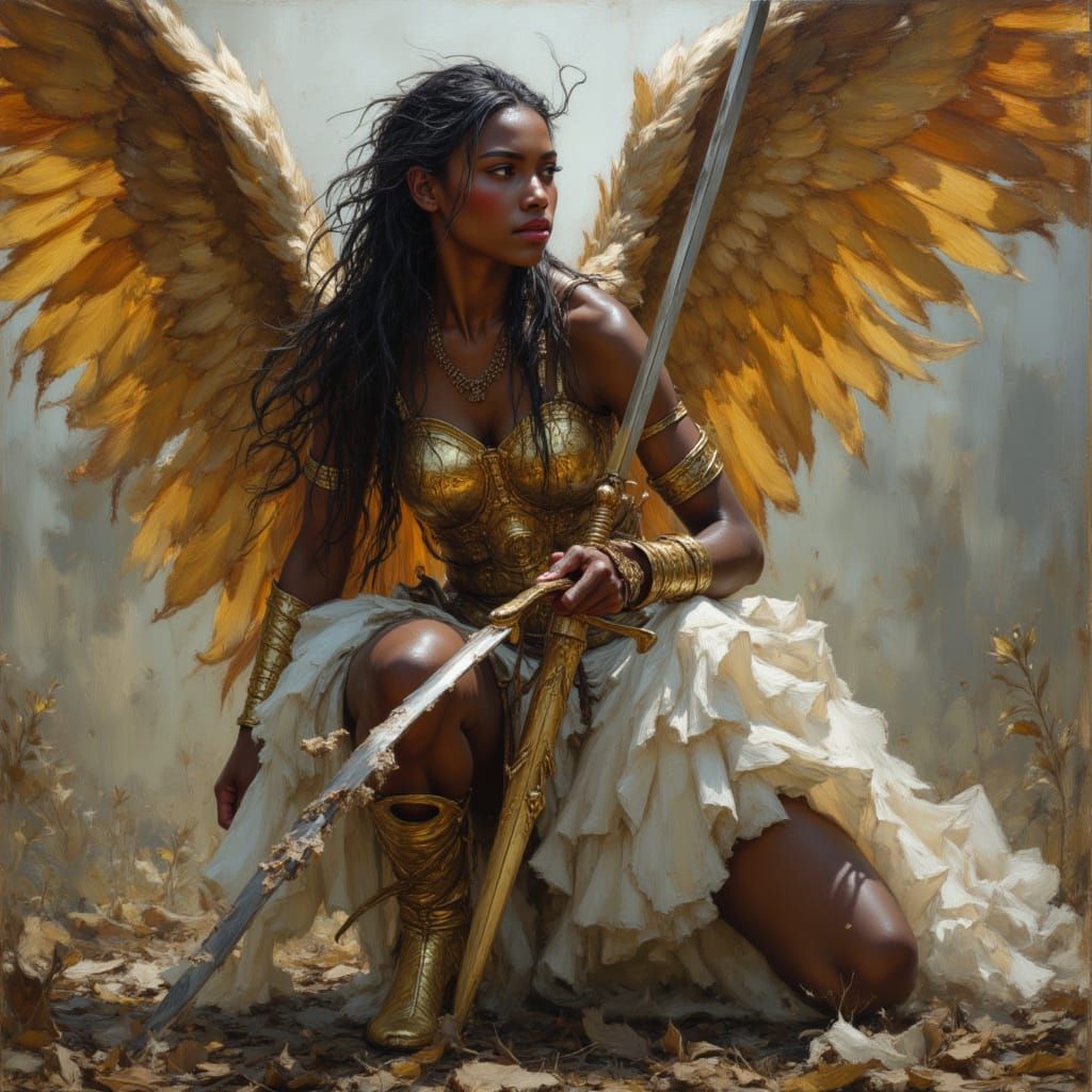 African Goddess Kneels on Wounded Battlefield in Vogue Style