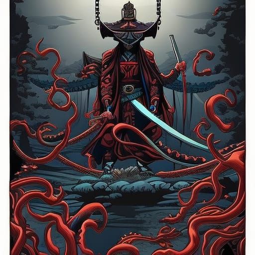 Octopus Samurai in Hokusai Comic Style
