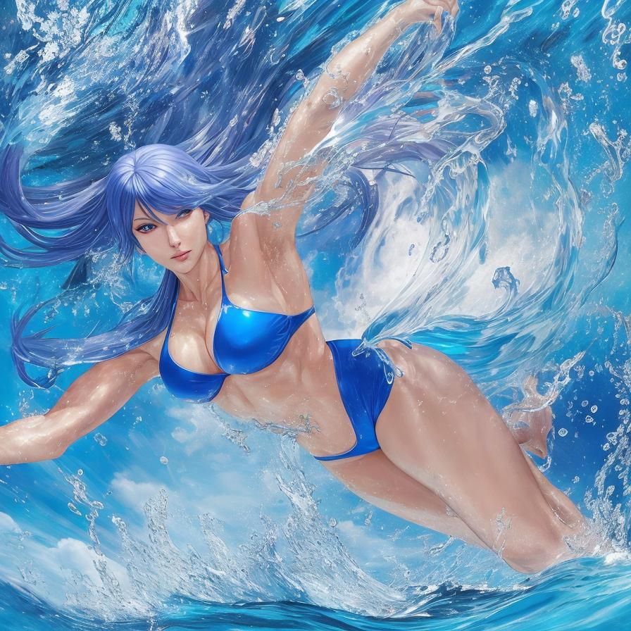 Muscular Woman in Blue Bikini: Anime-Style Underwater Scene