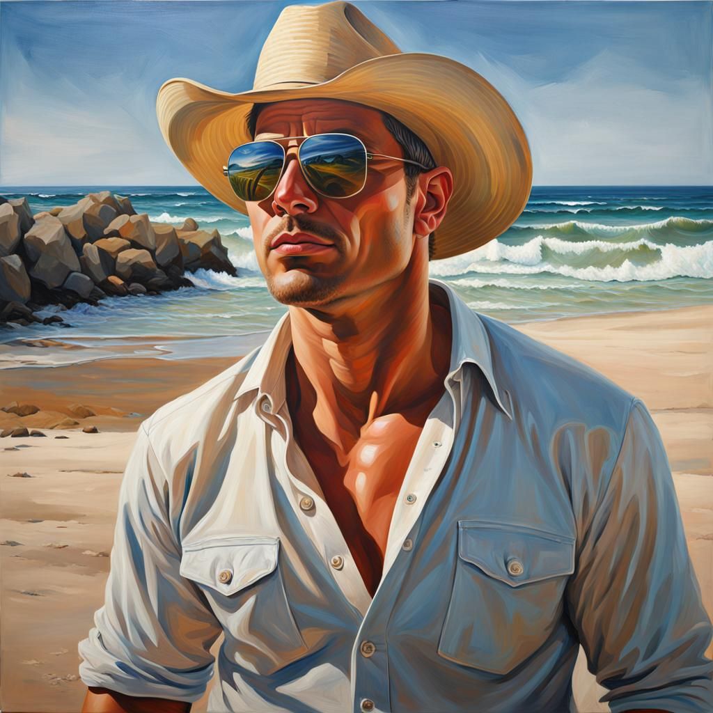 Gorgeous Man at the Beach: Expressive Oil Painting