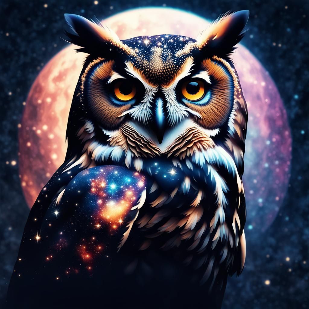 Cosmic Owl Double Exposure Digital Collage