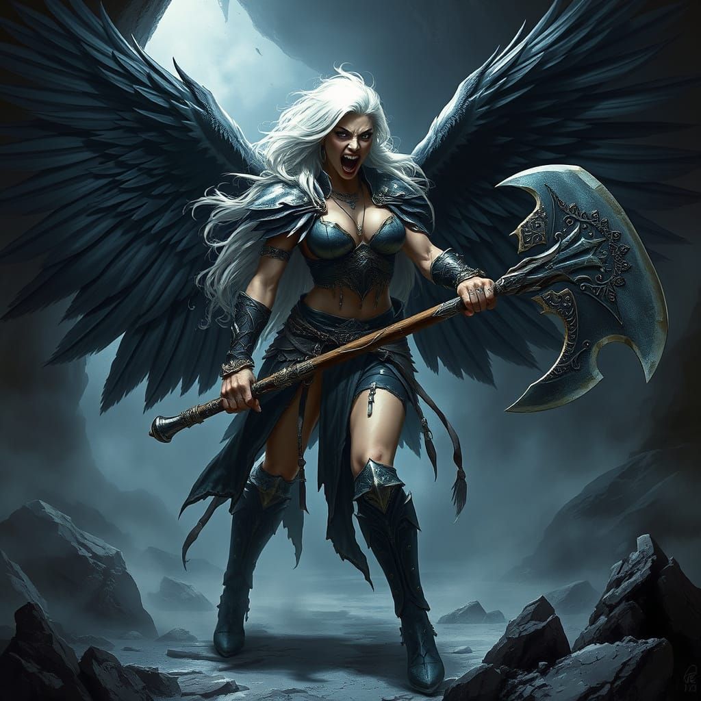 Winged Warrior with Battle Axe in Gritty Cavern