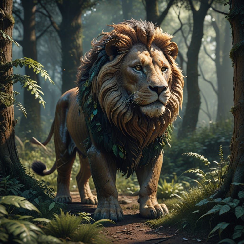 Wooden Lion Emerges from Lush Forest: Cinematic Render